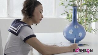 PORNBCN 4K Petite y. in school girl cosplay with hard orgasms masturbation, she can’t stop squirt everywhere | Jade Presley | squirting school